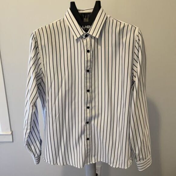 Mens White Black Vertical Stripe Long Sleeve Button Up Shirt Fits Like Medium - Picture 2 of 6